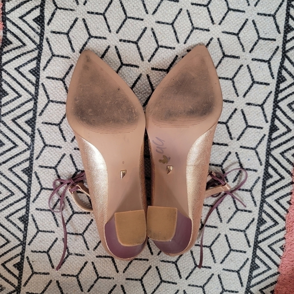 Anthropologie Metallic Rose Gold Pointed Toe Heels with Mauve Ties - Picture 13 of 16